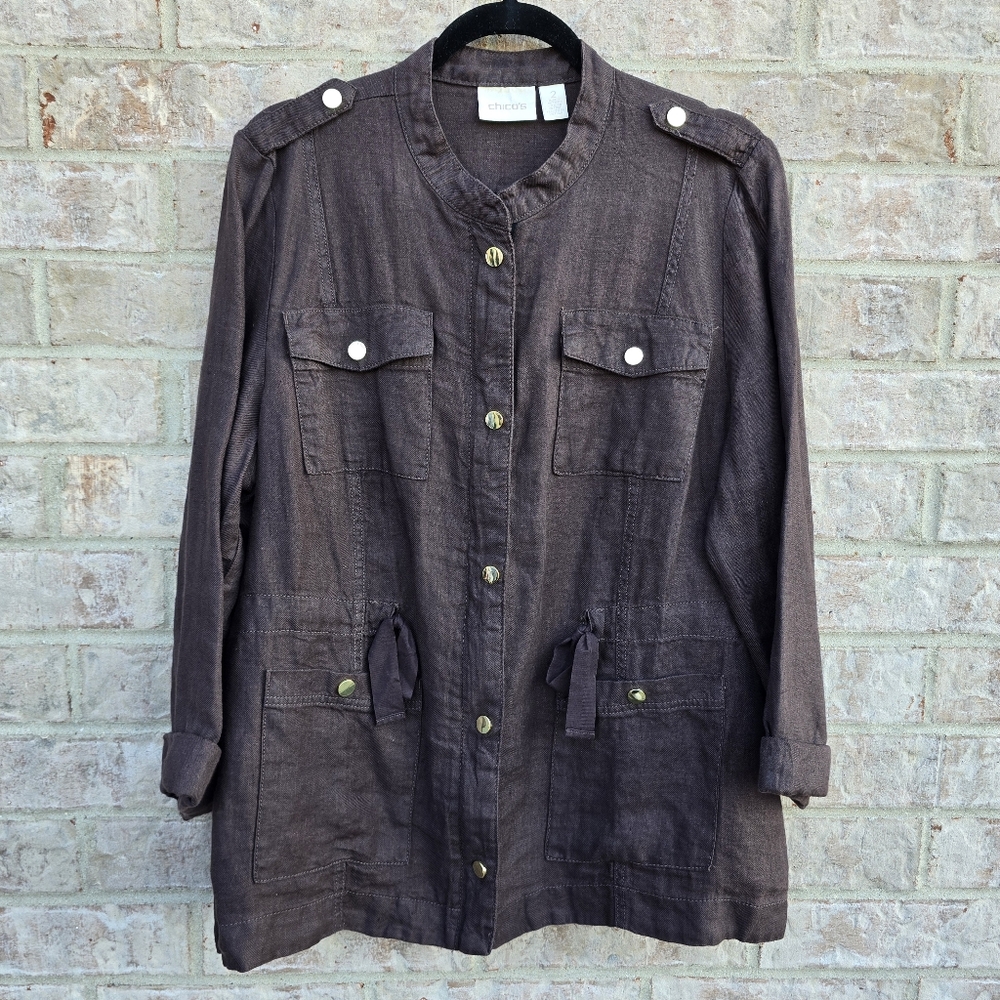 Chicos 100% Linen Jacket Womens Utility Brown Gold Hardware Classic Size 2 Large